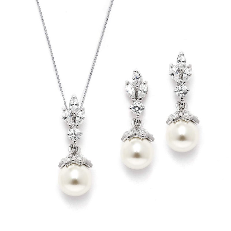 Mariell Ivory Pearl Necklace and Drop Earrings Bridal and Wedding Jewelry Set for Women, Brides, Bridesmaids or Mother of the Bride, Platinum Plating, Perfect Jewelry Gift for Women - Image 1